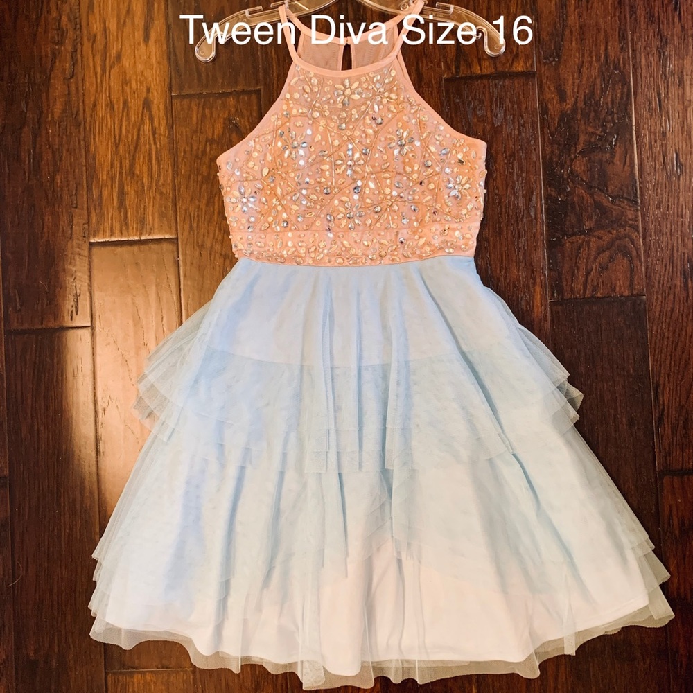 Tween Diva Light Blue and Gold Dress (Size 16)